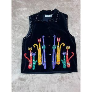 VTG Vest Kitsch Embroidered Embellished Crazy Cat Lady Grandma 90's Cottage Core